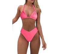 Bikini Sets for Women Sexy Halter Triangle String Bikini Cheeky V Cut High Waisted Thong Swimsuits 2 Piece, Bright Pink, S
