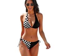 Bikini Sets for Women Two Piece Bathing Suits Sexy Halter Padded Bikini Swimsuits Side Tie Thong Bottom, Funny Black Checkered Flag, Medium