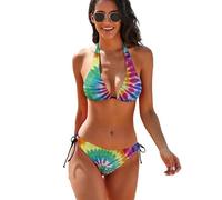 Bikini Sets for Women Two Piece Bathing Suits Sexy Halter Padded Bikini Swimsuits Side Tie Thong Bottom, Tie Dye, Medium