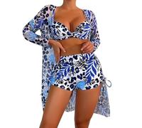 Bikini Sets for Women UK 3 Piece Swimsuit High Waist Bikini Plus Size Shawl Bra and Shorts Sets Ladies Floral Swimming Costume Sleeveless Bathing Suit Swimwear Bikini Top Ladies Tankini Swimwear Sets