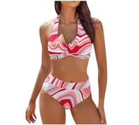Bikini Sets for Women UK Halter Neck Swimsuits Twist Front Swimwear 2 Piece Push Up Swimming Costume High Waisted Bathing Suit Criss Cross Bikini Sets Vintage Swimsuit Sexy Bathing Suit