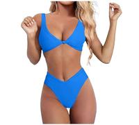 Bikini Sets For Women Uk High Waisted-Bikini Set For Women Solid V Neck Knot Front Push Up High Leg Thong Two Piece Swimsuit (Blue, L)