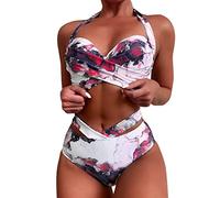 Bikini Sets for Women UK Push Up High Waist Ruched Swimsuits Hawaiian Tropical Print Swim Cami Bra and Ruffles Bathing Sets Beachwear Tummy Control Padded Swimsuit Bathing Suits Plus Size