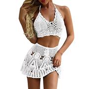 Bikini Sets for Women UK Womens Crocheted Hollowed Out Two Piece Summer Bikini Skirt Beach Wear Swimming Costume Women Swimsuits for Women Swimwear (White-4, XL)