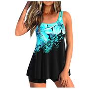 Bikini Shorts Set for Women UK, 2 Piece Floral Tankinis Sets Boyleg Swim Trunks High Waist Swimsuits Tummy Control Swimwear Beach Bathing Suit Swimming Costumes Ladies Black