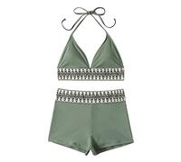 Bikini Shorts Tan Through Bikini Women's Solid Color Ripple Split Rope Bikini Retro Skinny Sexy High Waist Swimsuit Tankini Top Womens Swimming Costume (A, XL)
