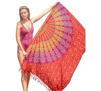 Bikini Swimsuit Cover Up - Bohemian Pareo - Red Hand Printed Rayon Mandala Sarong - Beach blanket - Wrap - Dress