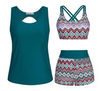 Bikini with Shorts for Women, Tankini Sets for Women UK - High Waisted Swim Shorts & Modest Swimwear 3 Piece Set | 4-Way Stretch Fabric Tummy Control Lining | Adjustable Straps
