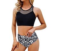 Bikini Women Mesh Patchwork Swimsuit Two Piece Retro Ruched Waist Printed Bikini Set, black, S