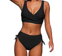 Bikinis for Older Women UK Twist Front High Waisted Lace Up Padded Bikini Sets String Side with Tummy Control Swimwear Bikini Bottoms Beach Modest Swimsuit Swimming Costume Black