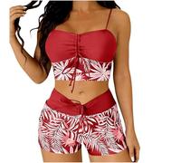 Bikinis Set for Women UK Two Piece High Waist Color Block Swimming Costume with Shorts Tropical Leaf Print Swimsuit Tummy Control Bathing Suits Strappy Drawstring Swimwear Beachwear Hot Pink