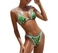 BIKINX Womens Swimsuits Sexy Thong Micro Bikini Ditsy Floral Two Piece Sets Bathing Suit Color Block Bandeau Swim Top, 2pcs Triangle Grass2, 12-14