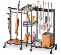 Bikoney Broom Holder with Cleaning Supplies Organizer, Mobile Cleaning Trolley with Mop and Broom Storage, Cleaning Cart with Cabinet and Vacuum Stand for Home and Laundry Room