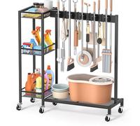 Bikoney Mobile Cleaning Trolley with Mop Broom Holder, Caddy & Cabinet