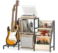 Bikoney Record Player Stand with 3-Tier Vinyl Storage and Guitar Stand, Turntable Table with Amp Shelf for Acoustic Electric Bass Guitars, Record Holder Cabinet for Bedroom or Living Room - White