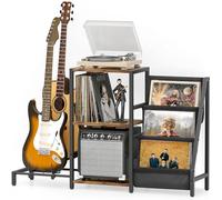 Bikoney Record Player Stand with Guitar Rack & Vinyl Storage for 200 LPs