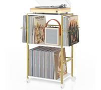 Bikoney Vinyl Record Storage, Rolling Side Table with Player Stand, Large End Table Cart Up to 150 Albums, Turntable Holder with 2 Display - Vinyl Storage for Living Room Bedroom Office, Gold