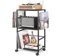 Bikoney Vinyl Record Storage, Rolling Side Table with Player Stand, Large End Table Cart Up to 150 Albums, Turntable Holder with 2 Display - Vinyl Storage for Living Room Bedroom Office, Black