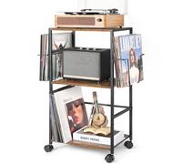 Bikoney Vinyl Record Storage, Rolling Side Table with Player Stand, Large End Table Cart Up to 150 Albums, Turntable Holder with 2 Display - Vinyl Storage for Living Room Bedroom Office