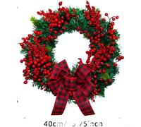 BildeeMait Festive Christmas Door Wreath Featuring Red and Black Plaid Ribbon, Lifelike Red Berries and Pine Cones, Sturdy Plastic Construction, 40cm Decorative Hanging for Holiday Home Décor