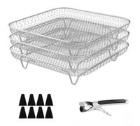 BildeeMait for Stainless Steel Air Fryer Rack 3-Tier, 20cm Stackable Grill Insert with Tongs Even Cooking, Silver