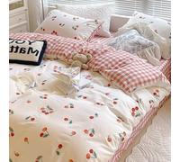 Bildenly Duvet Cover Queen Size - White & Red Cherry Pattern on Side A, Checked Pattern on Side B, Comforter Cover Soft & Lightweight Microfiber Quilt Cover with Zipper Closure and 2 Pillowcases