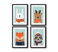 bilderreich Set of 4 posters children's room set decorative animals in winter A4 in wooden frame (black).