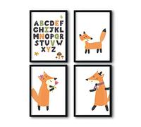 bilderreich Set of 4 posters children's room set decorative fox alphabet A3 in wooden frame (black).