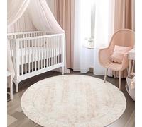 BILEEHOME 5ft Round Washable Vintage Floral Print Blush Pink Circle Rug for Kitchen, Living Room, Bedroom, Dining Room