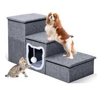 Bilibrara Dog Stairs for Small Dogs, Foldable Pet Steps for High Bed, Non-Slip 3-Step Cat Stairs with Storage, Condo and Fluffy Ball, Large Dog Indoor Ramp for Couch Window, Up to 180 Lbs, 16.7'' H