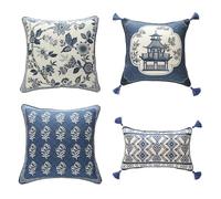 bilin gaier Designer French Linen Throw Pillow Cover,Set of 4-Suqing ABCD | Vintage Elegant Blue Pillow Cover,Concealed Zipper Design,Floral Pattern,Sofas,Bedroom,Living Room,Lounge Chairs