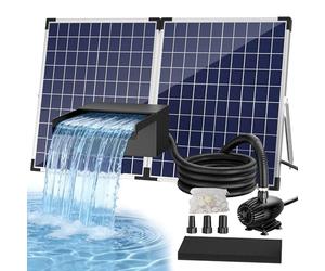 Biling 50W Solar Waterfall Pump, Stainless Solar Powered Pond Waterfall with 2100 L/H 40W Water Pump, 5m Cable, 3m Threaded Pipe, Easy Install for Garden Pond Water Feature Pool Stream (600-4000L)