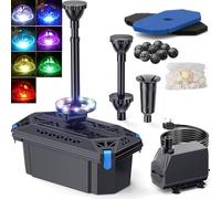 Biling Pond Filter and LED Lights, 2500 L/H Fountain Pump RGB Lights, 3 Nozzles Water Flow Valve, Pond Pump and Filter for 800-3600L Garden Water Feature Stream Waterfall Treatment, with UK Plug