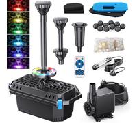 Biling Pond Filter with UV Clarifier and LED Lights, 2500 L/H Fountain Pump, RGB Remote Control Lights, 3 Nozzles, Black, Electric, for 4000L Garden Pond Care Water Features Stream Waterfall Treatment