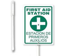 Bilingual First Aid Station Yard Sign with Stake Outdoor Aluminum Sign Outdoor Yard Decorations Patio Outdoor Decor 8x12 inches