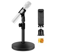 BILIONE Mic Stand Desk with Microphone and Cell Phone Clip, Upgraded Weighted Base, Adjustable Height, Condenser, Podcast, Mike Accessories, 5/8" Male to 3/8" Female Metal Adapter