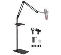BILIONE Microphone Stand with Weighted Base, Mic Floor Stand Boom Arm with Mic Accessory Tray, Microphone Clip Holder, 3/8" to 5/8" Screw Adapter, Cable Ties