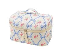 BILIPOPX Cute Makeup Bag Cotton Quilted Cosmetic Bag Floral Aesthetic Toiletry Bag Kawaii Puffy Coquette Travel Organizer Pouch Purse for Women, 01Blue Bow, Classic