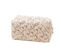 BILIPOPX Floral Makeup Bag Cotton Quilted Toiletry Bag Cute Aesthetic Cosmetic Bag Kawaii Puffy Coquette Travel Organizer Pouch Purse for Women, Pink-Green, Classic