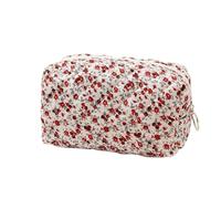 BILIPOPX Floral Makeup Bag Cotton Quilted Toiletry Bag Cute Aesthetic Cosmetic Bag Kawaii Puffy Coquette Travel Organizer Pouch Purse for Women, Red, Classic