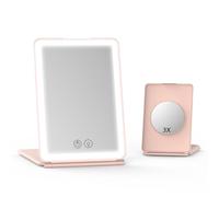 Bilitase Travel Portable Make Up Mirror with 1X&3X Magnifying Mirror,3 Color Dimmable,USB Rechargeable,Tabletop,Compact,Foldable (Pink)