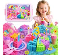 Billeeit Cake & Ice Cream Sensory Bin Sand Toy, Play Sand Kit Sensory Toys w/lid and 4 Color Magic Sand 2.2lbs, Molds, Tools Set 43pcs Total for Toddlers, Sensory Play Sand Bin Fun Gift for Kids 3+