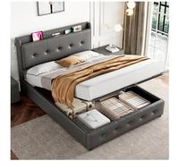 Billg 4ft6 Double Upholstered Bed Frame with Hydraulic Storage, PU Leather Ottoman Bed with Concealed Headboard Storage, Double Bed with Charging Station and LED Night Light, Grey (Without mattress)