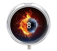Billiard Ball On Fire and Water Pill Organizer Round Pill Box Travel Pill Case Medicine Organizer for Pocket Purse