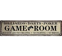 Billiards Darts Poker Game Room Door Sign House Rules No Cheating No Fighting No Whinng Vintage Wall Signs Decor 4x16 Inch