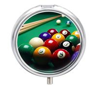 Billiards Pill Box - 3 Compartment Travel Pill Organizer with Small Mirror, Portable Pillcase for Pocket & Purse, Cute Round Medicine Case, Weekly Medicine Container