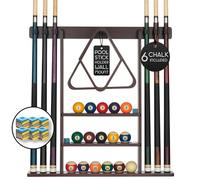 BILLIARDS XPRESS Pool Cue Rack - Pool Stick Holder Wall Mount With 16 Ball Holders & 6 Pack Of Chalk - Rubber Circle Pads & Large Clips Prevent Damage - Man Cave Billiard Table Accessories (Mahogany)