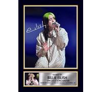 Billie Eilish Live Concert Portrait Printed Signed Poster Print - Autograph Style Singer Wall Art - Pop Music Memorabilia Collectible Photo, A4 Poster + Gold Frame