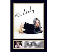 Billie Eilish Portrait Printed Signed Poster Print - Artistic Pop Music Wall Art - Autograph Style Singer Photo - Modern Music Memorabilia Collectible, A4 Poster + Gold Frame