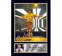 Billie Eilish Portrait Printed Signed Poster Print - Live Stage Performance Artwork - Autograph Style Singer Wall Art - Music Memorabilia Collectible, A4 Poster + Gold Frame